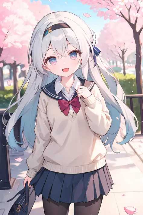 1girl, firefly \(honkai: star rail\), hairband, solo, school uniform, white shirt, sweater, pleated skirt, pantyhose, light smile, double v, looking at viewer, smile, open mouth, outdoors, street, cherry blossoms, petals, depth of field