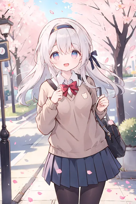 1girl, firefly \(honkai: star rail\), hairband, solo, school uniform, white shirt, sweater, pleated skirt, pantyhose, light smile, double v, looking at viewer, smile, open mouth, outdoors, street, cherry blossoms, petals, depth of field
