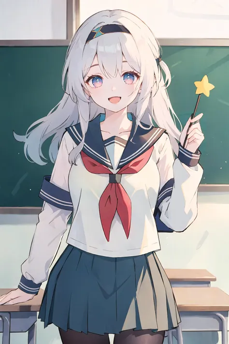 1girl, firefly \(honkai: star rail\), hairband, solo, serafuku, sailor collar, pleated skirt,  pantyhose, looking at viewer, light smile, cowboy shot, smile, open mouth, classroom, indoors, depth of field