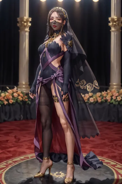 witch, <lora:witch-lora-nochekaiser:1>,
witch, long hair, purple hair, (yellow eyes:1.5),
BREAK thighhighs, gloves, hat, dress, cleavage, bare shoulders, elbow gloves, witch hat, pelvic curtain, purple thighhighs,
BREAK indoors,
BREAK looking at viewer, (full body:1.5),
BREAK <lyco:GoodHands-beta2:1>, (masterpiece:1.2), best quality, high resolution, unity 8k wallpaper, (illustration:0.8), (beautiful detailed eyes:1.6), extremely detailed face, perfect lighting, extremely detailed CG, (perfect hands, perfect anatomy),