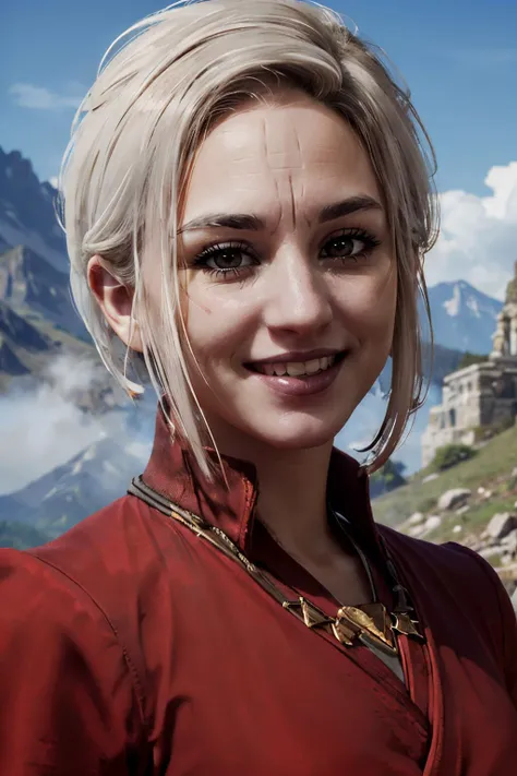 StarMerrin, short white hair, brown eyes, pale skin, red robes, looking at viewer, smiling, close up, outside, mountain, blue sky, high quality, masterpiece, <lora:StarMerrin:.8>