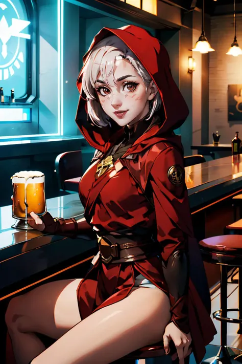 StarMerrin, short white hair, brown eyes, pale skin, red robes, hood up, black sleeves, looking at viewer, smiling, sitting, on stool,inside bar, holding glass of beer, counter, neon lighting, high quality, masterpiece, <lora:StarMerrin:.8>