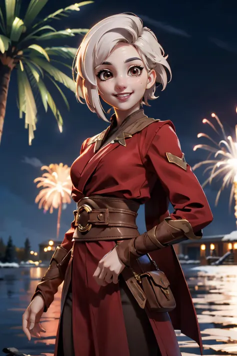 StarMerrin, short white hair, brown eyes, pale skin, red robes, black sleeves, looking at viewer, smiling, happy, mouth open, medium shot, standing, outside, lake, winter, trees, night, fireworks, high quality, masterpiece, <lora:StarMerrin:.8>