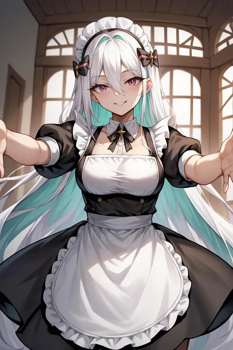 score_9, score_8_up, score_7_up, , rating_general ,1girl , kearsd, hair between eyes, absurdly long hair, multicolored hair, absurdly long hair, maid, maid headdress, maid apron,  serving,  reaching towards viewer,  dynamic angle , source_anime, <lora:KearsargePDCAME AL-000006:1>,  cowboy shot, indoors, naughty face, smile