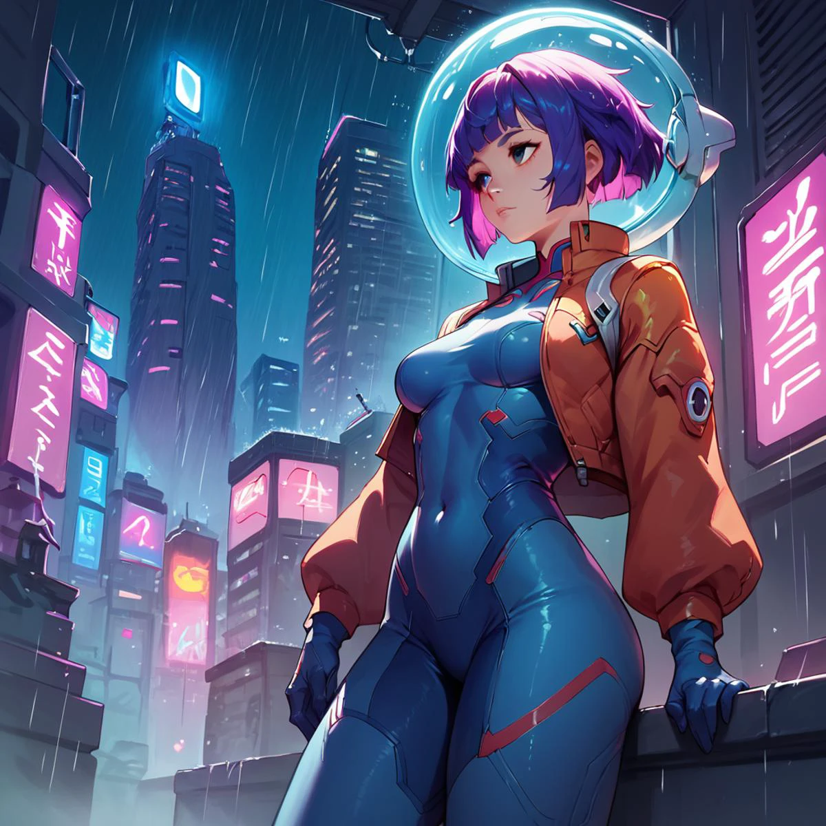 <lora:juno_ow_v1:1> score_9, score_8_up, score_8, score_9,
juno overwatch, purple hair, short hair, gloves, bodysuit, covered navel, breasts, medium breasts, blue gloves, multicolored hair, pink hair, space helmet
1girl, cyberpunk, cityscape, neon lights, rain, umbrella, futuristic, hologram, night, skyscraper