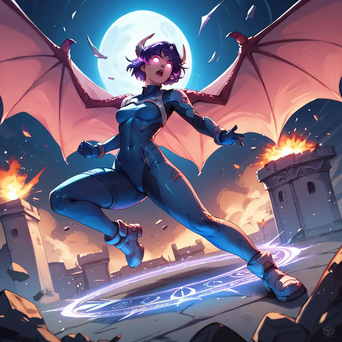 <lora:juno_ow_v1:1> score_9, score_8_up, score_7_up, score_6_up, score_5_up, score_4_up,
juno overwatch, purple hair, short hair, gloves, bodysuit, covered navel, breasts, medium breasts, blue gloves, multicolored hair, pink hair, space helmet
1girl, dragon, fire, fantasy, castle, night, full moon, wings, sword, glowing eyes, action pose, magic circle, explosion, flying debris, roaring, dynamic lighting
