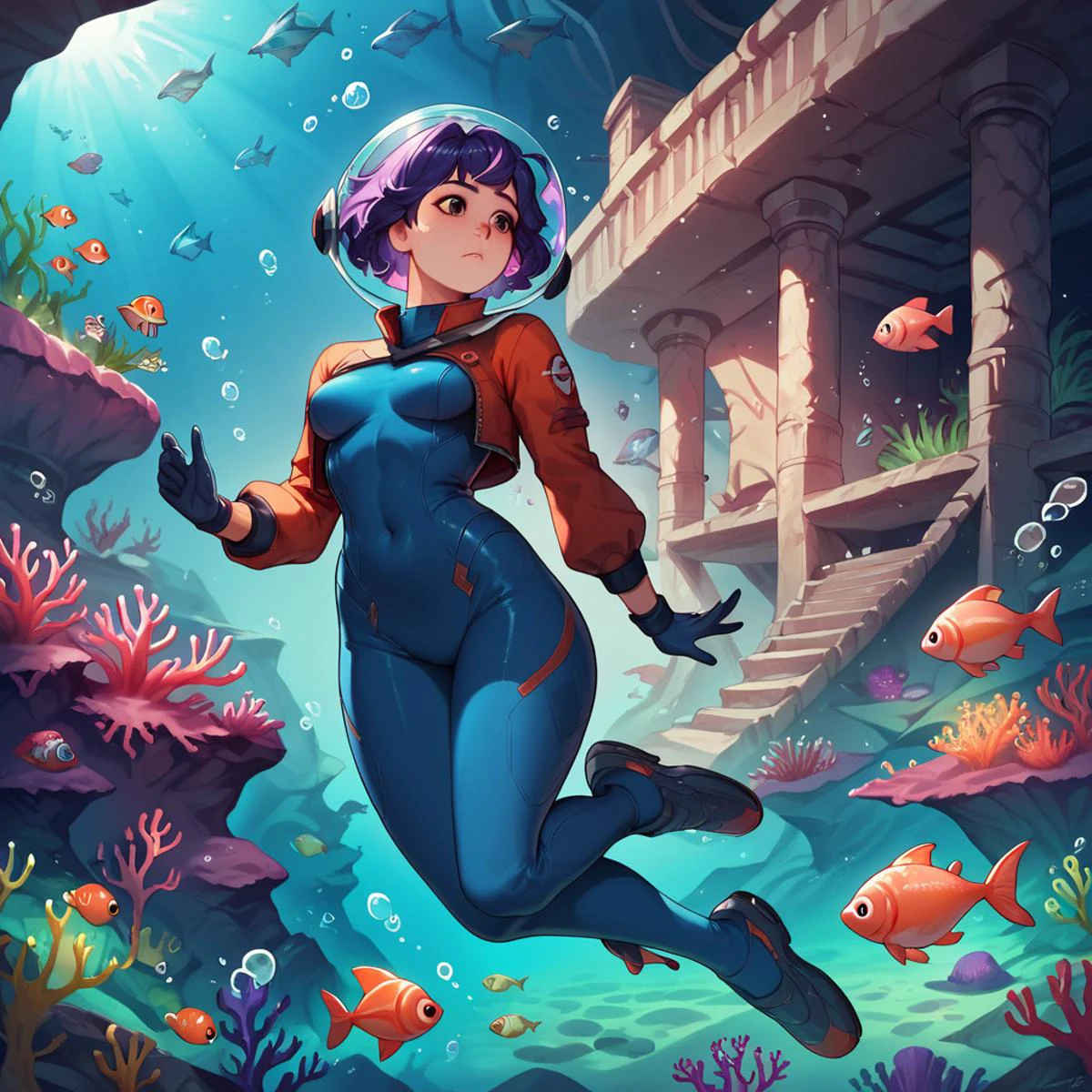 <lora:juno_ow_v1:1> score_9, score_8_up, score_7_up, score_6_up, score_5_up, score_4_up,
juno overwatch, purple hair, short hair, gloves, bodysuit, covered navel, breasts, medium breasts, blue gloves, multicolored hair, pink hair, space helmet
1girl, underwater, coral reef, fish, bubbles, blue and orange diving suit, seaweed, treasure chest, octopus, ancient ruins, glowing pearls, underwater cave, shipwreck, bioluminescent, manta ray, dolphins, mermaid, sea creatures