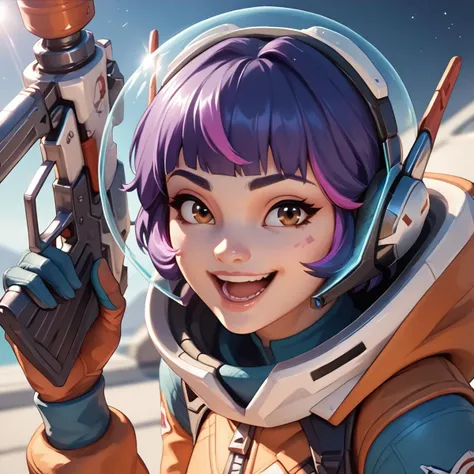 <lora:juno_ow_v1:1>
score_9, score_8_up, score_7_up, score_6_up, score_5_up, score_4_up,
juno overwatch, 1girl, space, planet, space helmet, solo, earth (planet), purple hair, weapon, smile, open mouth, bodysuit, holding, blaster, short hair, multicolored hair, pink hair