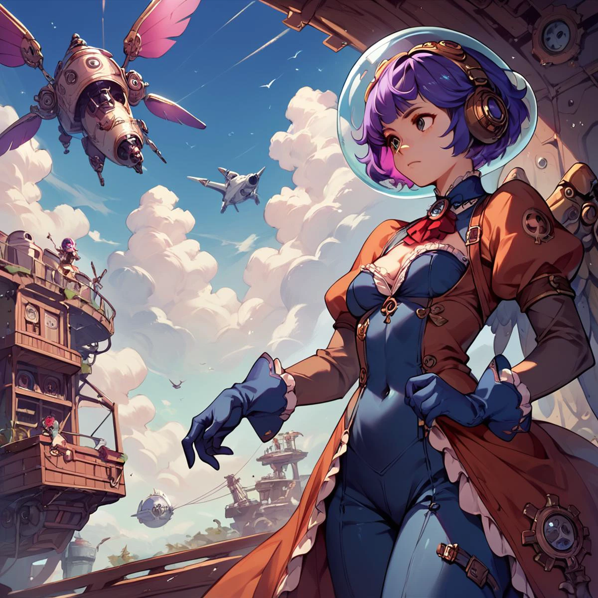 <lora:juno_ow_v1:1> score_9, score_8_up, score_8, score_9,
juno overwatch, purple hair, short hair, gloves, covered navel, breasts, medium breasts, blue gloves, multicolored hair, pink hair, space helmet
1girl, steampunk, (airship:0.5), goggles, gears, sky, clouds, mechanical wings, adventure, victorian dress