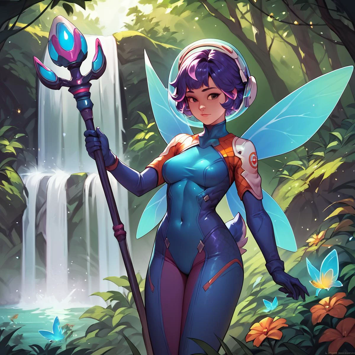 <lora:juno_ow_v1:1> score_9, score_8_up, score_7_up, score_6_up, score_5_up, score_4_up,
juno overwatch, purple hair, short hair, gloves, bodysuit, covered navel, breasts, medium breasts, blue gloves, multicolored hair, pink hair, space helmet
1girl, forest, magical, glowing plants, fairy lights, waterfall, deer, ethereal, staff, nature