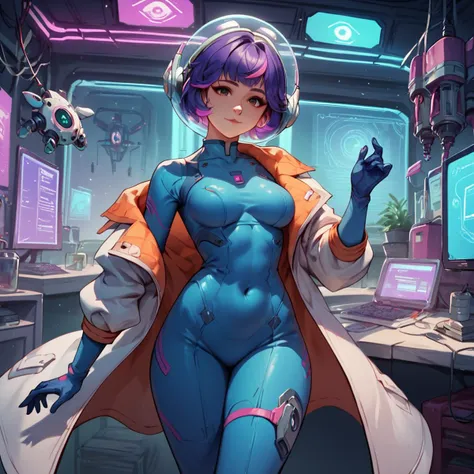 <lora:juno_ow_v1:1> score_9, score_8_up, score_7_up, score_6_up, score_5_up, score_4_up, high quality, score_9,
juno overwatch, space helmet, purple hair, short hair, multicolored hair, pink hair, gloves, bodysuit, covered navel, breasts, medium breasts, blue gloves, 
1girl, futuristic lab, robotics, hologram, computer screens, lab coat, machinery, blueprints, experiment, wires, circuit board, neon lights, advanced technology, scientist, floating data, research, virtual reality, energy core, control panel