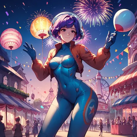 <lora:juno_ow_v1:1> score_9, score_8_up, score_7_up, score_6_up, score_5_up, score_4_up, high quality, score_9,
juno overwatch, purple hair, short hair, gloves, bodysuit, covered navel, breasts, medium breasts, blue gloves, multicolored hair, pink hair, space helmet
1girl, carnival, ferris wheel, fireworks, night, colorful lights, cotton candy, amusement park, balloons, merry-go-round, crowd, performer, confetti, mask, parade, festive, roller coaster, street food