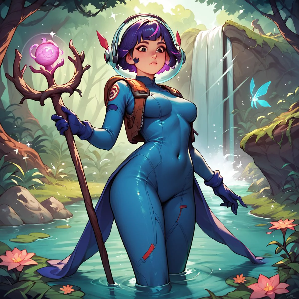 <lora:juno_ow_v1:1> score_9, score_8_up, score_7_up, score_6_up, score_5_up, score_4_up, high quality, score_9,
juno overwatch, space helmet, purple hair, short hair, multicolored hair, pink hair, gloves, bodysuit, covered navel, breasts, medium breasts, blue gloves,
1girl, enchanted forest, magic, glowing mushrooms, ancient tree, sparkle, waterfall, staff, druid, vines, enchanted pond, moss, magical aura