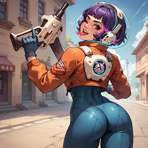 <lora:juno_ow_v1:1>
score_9, score_8_up, score_7_up, score_6_up, score_5_up, score_4_up,
juno overwatch, 1girl, ass, tongue, tongue out, weapon, one eye closed, multicolored hair, purple hair, solo, short hair, blaster, looking back, from behind, pink hair, space helmet