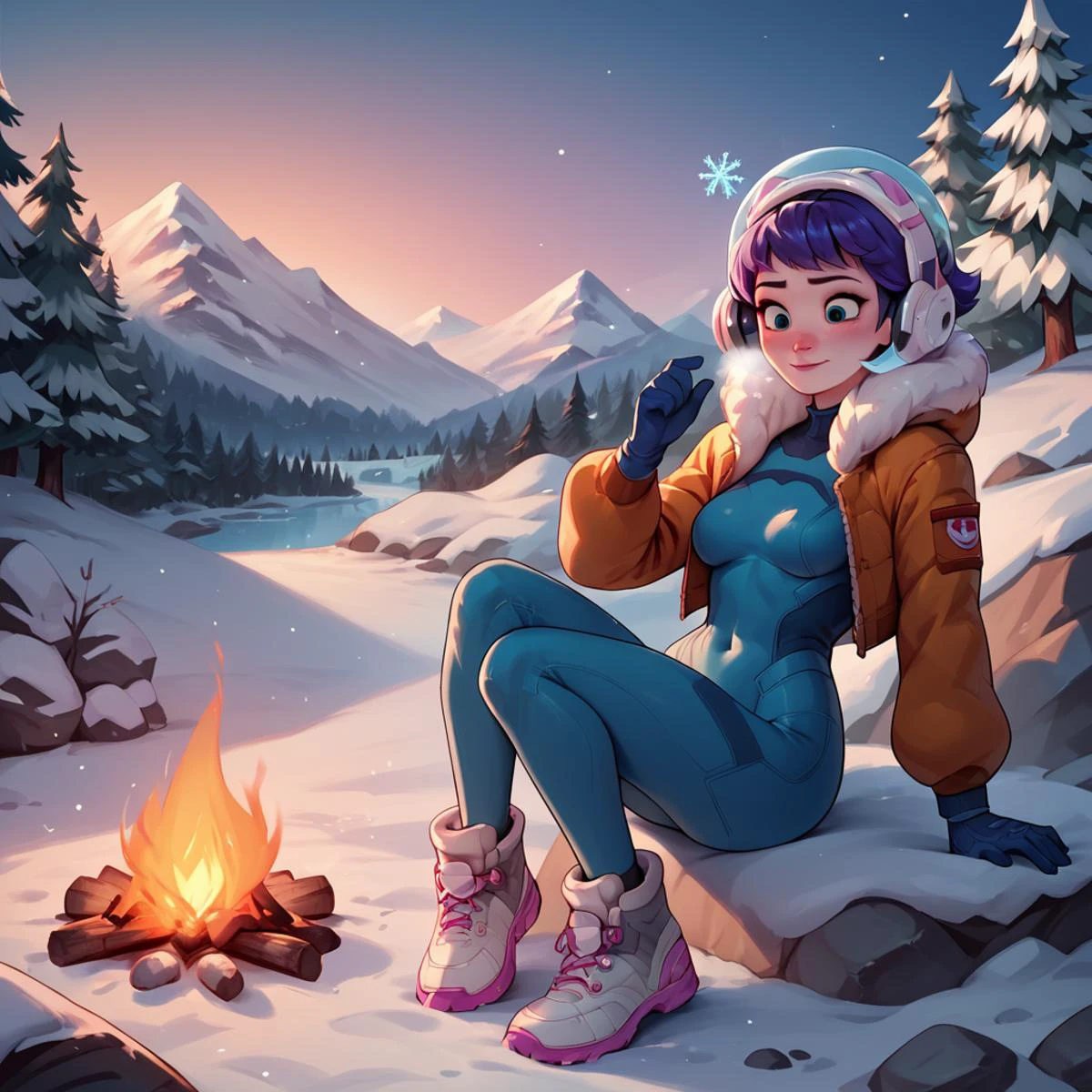 <lora:juno_ow_v1:1> score_9, score_8_up, score_7_up, score_6_up, score_5_up, score_4_up, high quality, score_9,
(juno overwatch:1.1), (space helmet, purple hair, short hair, multicolored hair, pink hair:1.1), gloves, bodysuit, covered navel, breasts, medium breasts, blue gloves,
1girl, snowy mountain, ice cave, winter, fur coat, campfire, blizzard, snowflakes, frozen lake, pine trees, snow-covered, northern lights, rugged terrain, mountain peak, icy breath, snowshoes, frost
