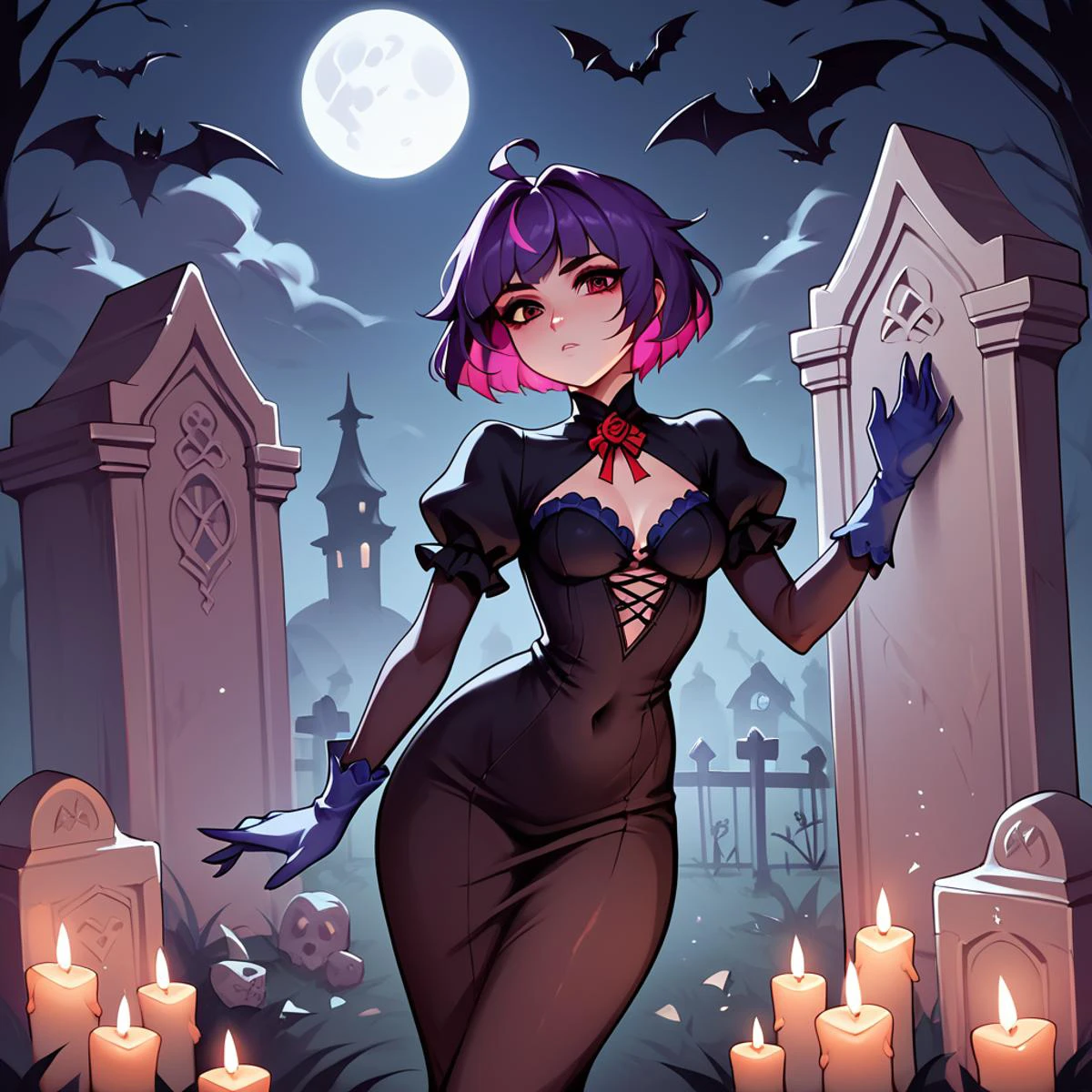 <lora:juno_ow_v1:1> score_9, score_8_up, score_7_up, score_6_up, score_5_up, score_4_up, high quality, score_9,
juno overwatch, (purple hair, short hair, multicolored hair, pink hair:1.1), gloves, bodysuit, covered navel, breasts, medium breasts, blue gloves,
1girl, gothic, cemetery, full moon, dark sky, black dress, raven, tombstone, lantern, mist, haunted, bat, ghost, Victorian clothing, cobwebs, iron gate, candle, eerie, shadow, rose