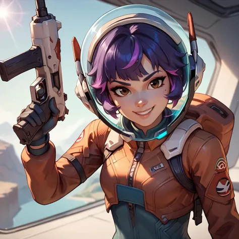 <lora:juno_ow_v1:1>
score_9, score_8_up, score_7_up, score_6_up, score_5_up, score_4_up,
juno overwatch, 1girl, solo, weapon, blaster, purple hair, space helmet, space, holding gun, holding, looking at viewer, smile, short hair, multicolored hair, brown eyes, pink hair, bodysuit