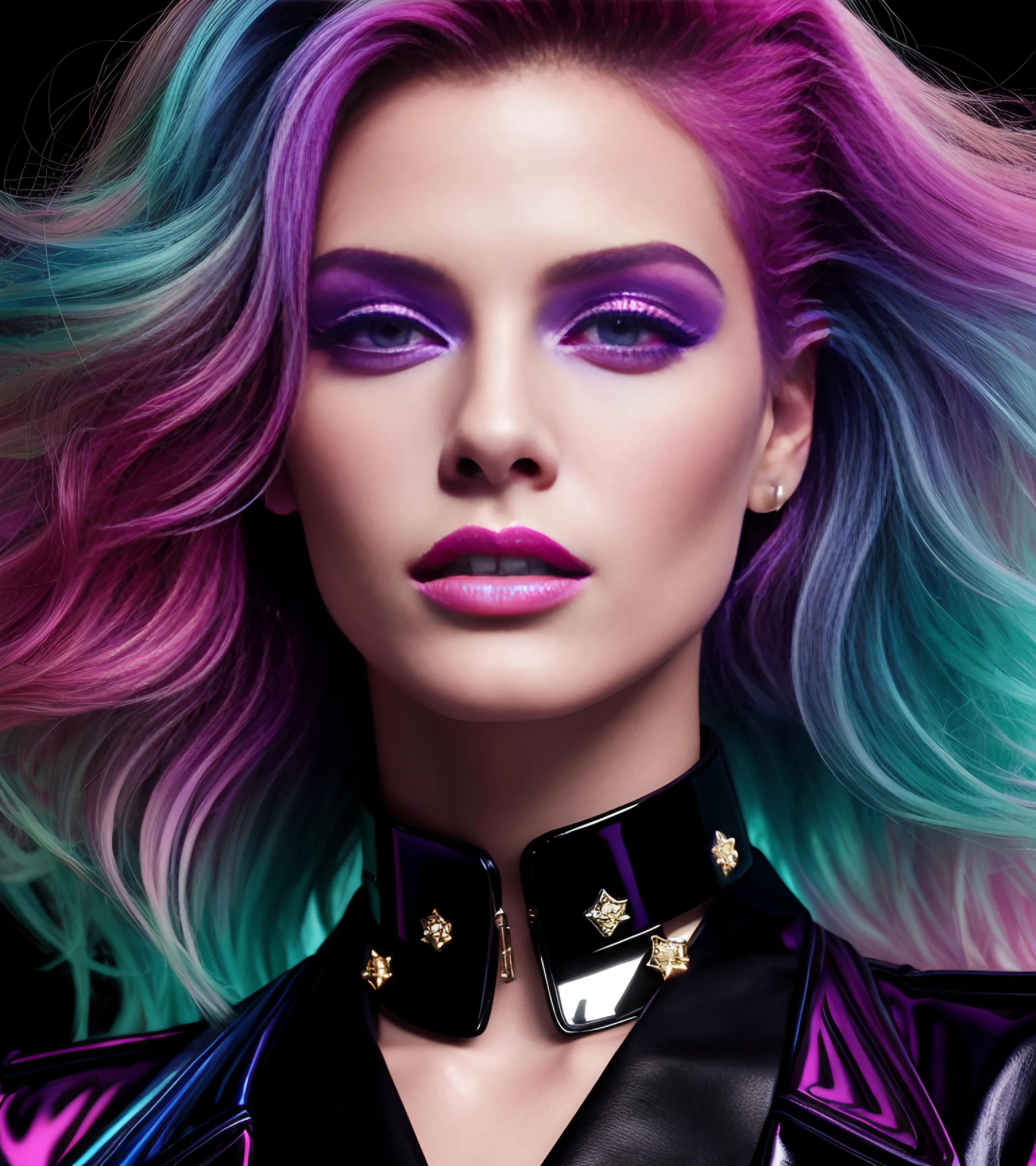 mjgrt, high-fashion supermodel is a star on the cover of 'LUCID', in the style of photorealistic, RGB, cut/ripped, wavy, long lens, detailed perfection, Synthwave