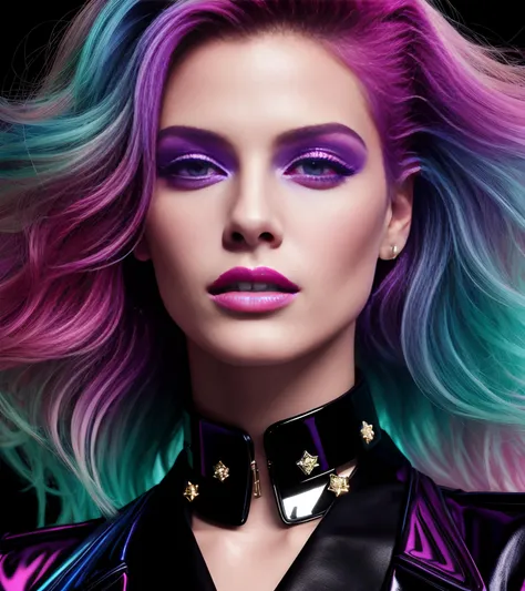 mjgrt,  high-fashion supermodel is a star on the cover of 'LUCID', in the style of photorealistic, RGB, cut/ripped, wavy, long lens, detailed perfection, Synthwave