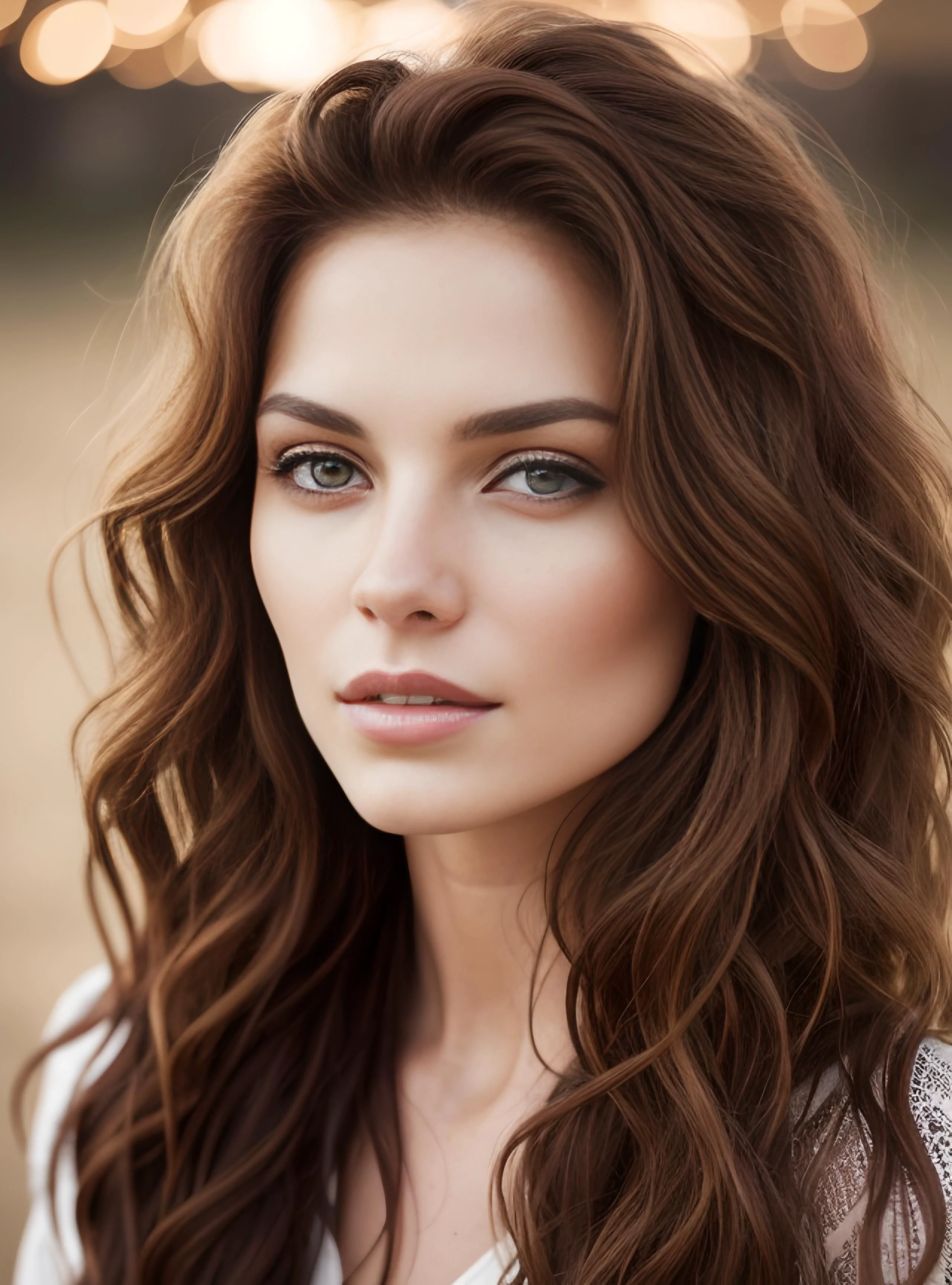 mjgrt, a photography of a woman. Her face exhibits a combination of sharp and soft characteristics, including prominent cheekbones that contribute to an air of regality. Her eyes are deep brown. hair, which can be observed in flowing waves or intricately braided styles, showcases varying shades of reddish-brown and auburn, reminiscent of autumn hues. This untamed hair frames her face. her complexion often displays a healthy and warm glow from sun exposure