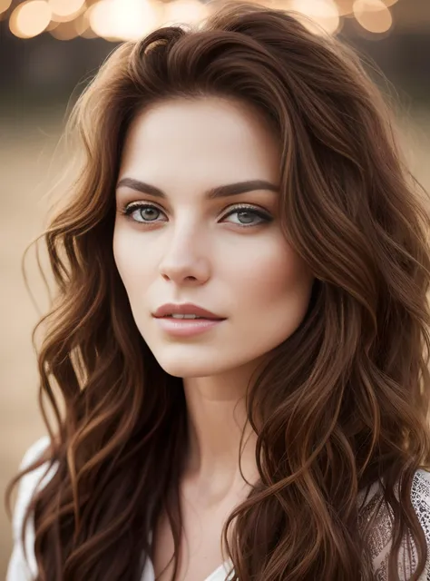 mjgrt,  a photography of a woman. Her face exhibits a combination of sharp and soft characteristics, including prominent cheekbones that contribute to an air of regality. Her eyes are deep brown. hair, which can be observed in flowing waves or intricately braided styles, showcases varying shades of reddish-brown and auburn, reminiscent of autumn hues. This untamed hair frames her face. her complexion often displays a healthy and warm glow from sun exposure