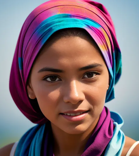 mjgrt, a girl pointing to her eyes in a blue head scarf, in the style of intense color saturation, martin rak, mark keathley, macro lens, dark white and light magenta, intense coloration, art of burma