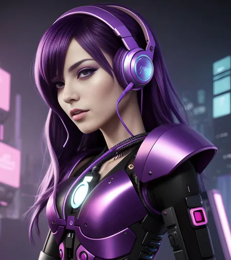 mjgrt, 4 wallpapers of anime girl in colorful outfit and purple hair with headphones, in the style of cyberpunk futurism, mechanized precision, fantastic realism, i can't believe how beautiful this is, colorful caricature, blink-and-you-miss-it detail, made of liquid metal