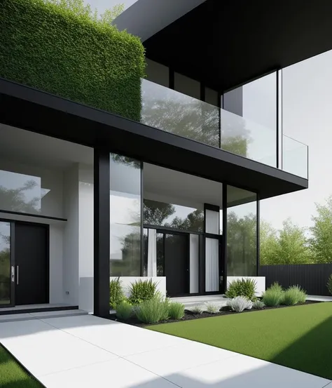 light black and white modern house with glass paneled balcony fresh green garden , entrance view with stoned pathway toward you black with lightings  , (SEMI-SILHOUETTE light:1.1), (raytracing:1.1), (cryengine:1.1), (skin detail:1.1),(photrealistic:1.1)
