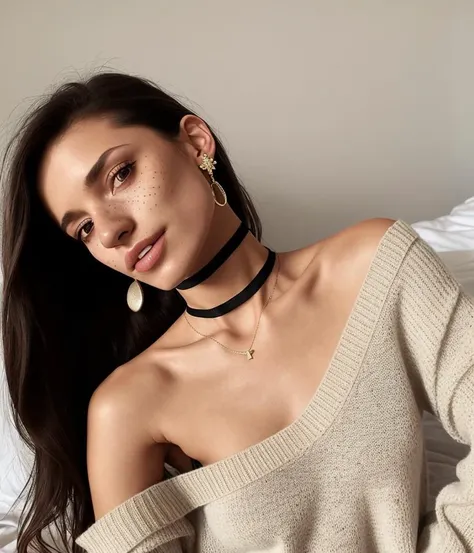 1girl, bare_shoulders, bed, bed_sheet, breasts, brown_eyes, choker, collarbone, earrings, freckles, hoop_earrings, jewelry, kneeling, lip_biting, lips, long_hair, looking_at_viewer, mole, mole_on_breast, mole_on_neck, mole_on_thigh, necklace, nose, off-shoulder_sweater, off_shoulder, on_bed, ponytail, realistic, solo, sweater, (SEMI-SILHOUETTE light:1.1), (raytracing:1.1), (cryengine:1.1), (skin detail:1.1),(photrealistic:1.1)