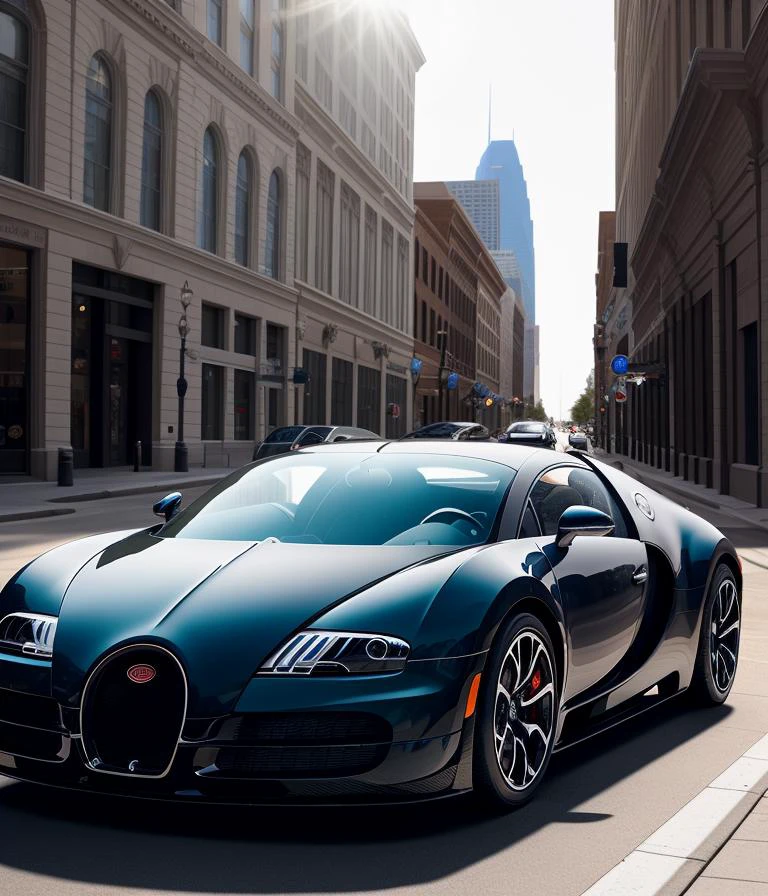 photograph of a bugatti veyron on the streets of downtown kansas city missouri, daytime, realistic, 8 k, (SEMI-SILHOUETTE light:1.1), (raytracing:1.1), (cryengine:1.1), (skin detail:1.1),(photrealistic:1.1)