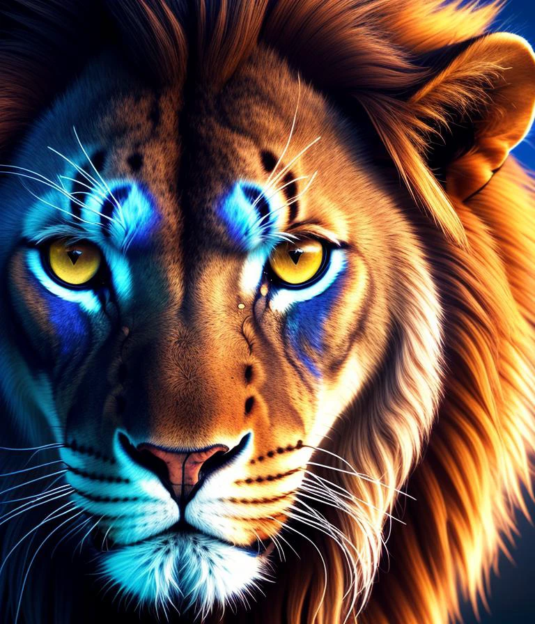 majestic realistic lion with neon blue color dominant and detailed face dark eyes, brown coloured face, (SEMI-SILHOUETTE light:1.1), (raytracing:1.1), (cryengine:1.1), (skin detail:1.1),(photrealistic:1.1)
