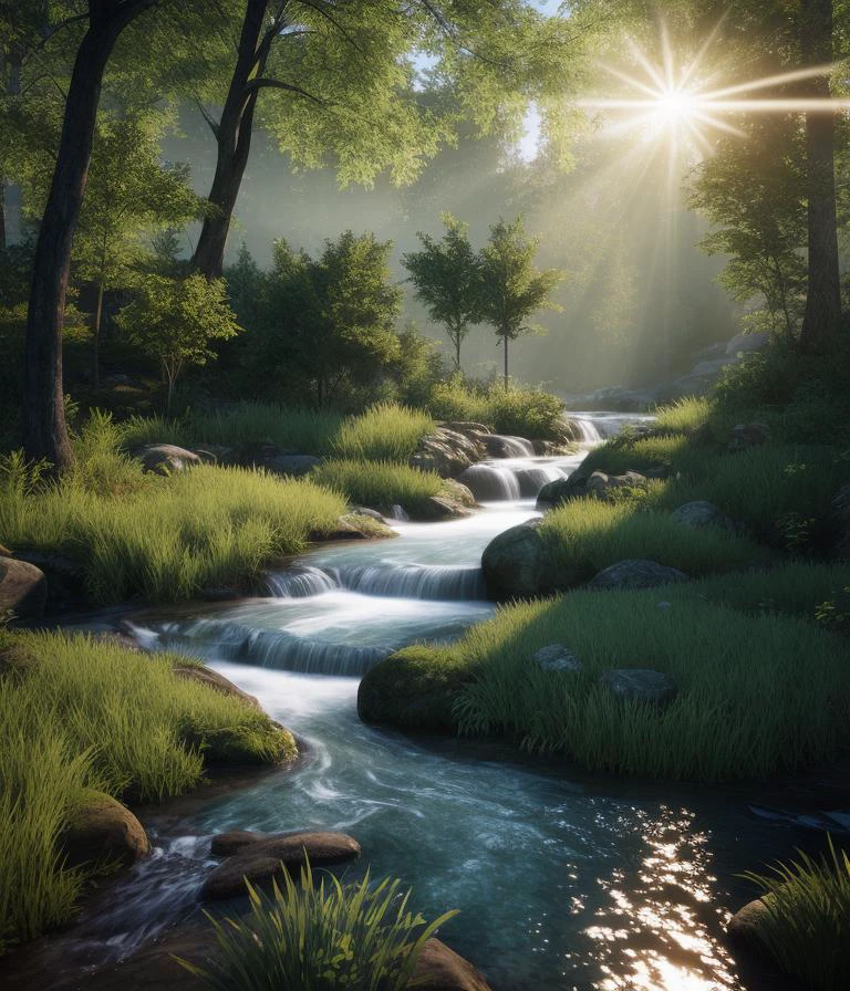Realistic landscape, 3d, light, nature, anime, ray tracing, dense forest, animals, water stream, (SEMI-SILHOUETTE light:1.1), (raytracing:1.1), (cryengine:1.1), (skin detail:1.1),(photrealistic:1.1)