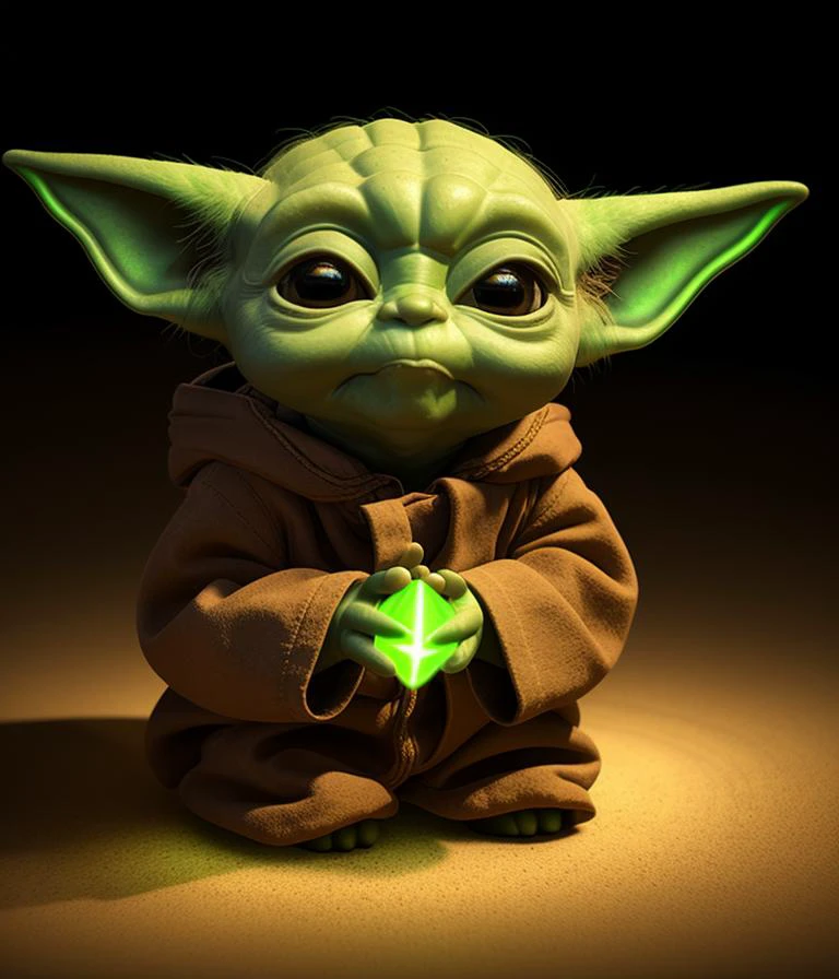 yoda sitting in the dark with a single spotlight on him, (SEMI-SILHOUETTE light:1.1), (raytracing:1.1), (cryengine:1.1), (skin detail:1.1),(photrealistic:1.1)