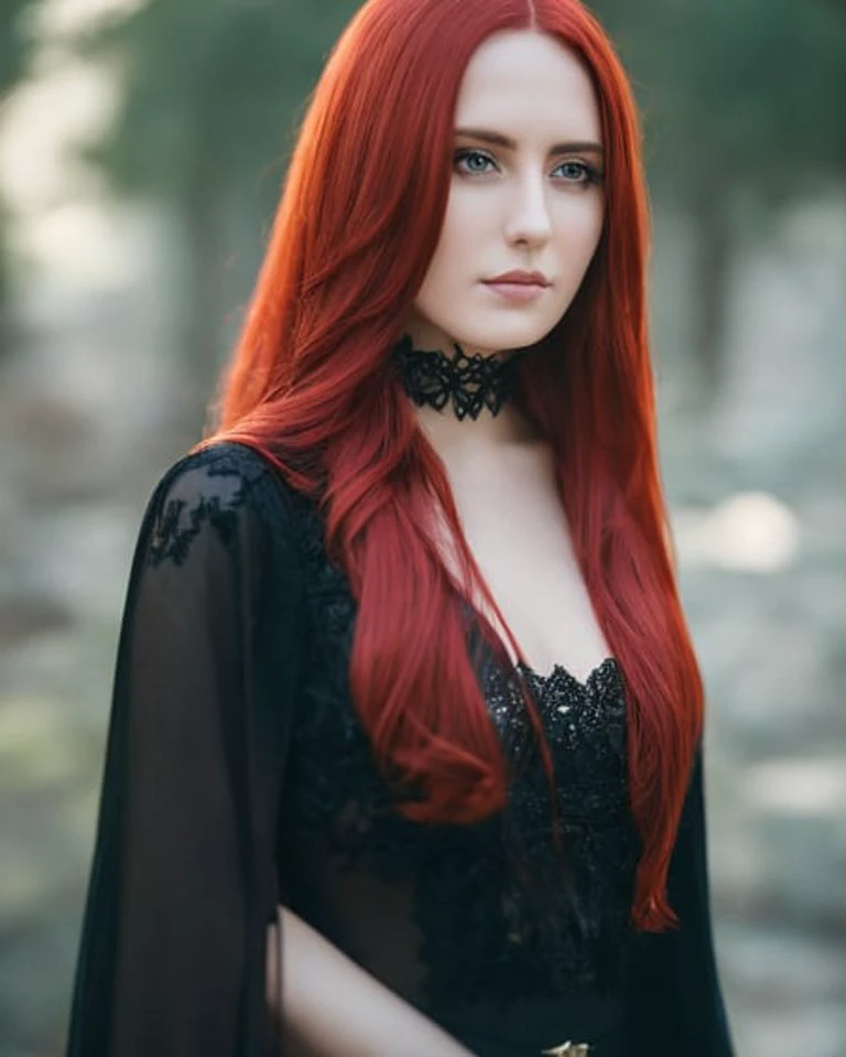 professional portrait photography, 85mm lens, gothic woman with red hair, centered, scenic background, perfect composition, golden ratio, hyperrealistic, photorealism, super detailed, 32k, high quality, trending on artstation, sharp focus, studio lighting, intricate details, hyperdetailed photography by greg rutkowski, dino tomic,  (lightroom) red:68% blue:41% green:37% filmgrain_minimal, texture:+25%, clarity: +40%, Contrast:+15%, shadows: +11% , sharpen:100%