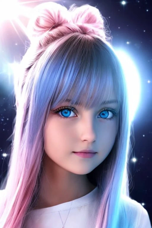 cute and beautiful {russian} child girl with blue eyes on the spaceship and spacecraft and ufo dressed in clothes with geometrical sacred symbols, on the orbit of earth, northern lights, ultra-realistic soft sun lighting, {smooth soft skin}, sharp eyes, beautiful intricate {pink and white and soft blue hair}, soft pink lips, symmetrical face, anime wide blue eyes, soft lighting, gently {shy smile}, cute smile, looking into camera, highlydetailed {eyes with reflection}, bright soft light from the behind, {sacred geometry and geometry symbols on the face}, stars, sky, sacred geometry, light languagesave background, neon, (lightroom) red:68% blue:41% green:37% filmgrain_minimal, texture:+25%, clarity: +40%, Contrast:+15%, shadows: +11% , sharpen:100%