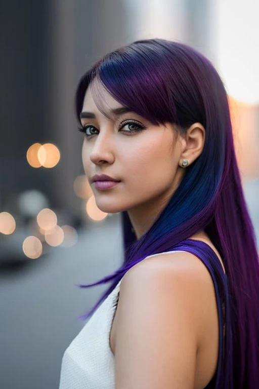 Portrait of Girl with purple hair and with cute face, In Cyberpunk city, perfect composition, hyperrealistic, super detailed, 8k, high quality, trending art, trending on artstation, sharp focus, studio photo, intricate details, highly detailed, by greg rutkowski, (lightroom) red:68% blue:41% green:37% filmgrain_minimal, texture:+25%, clarity: +40%, Contrast:+15%, shadows: +11% , sharpen:100%