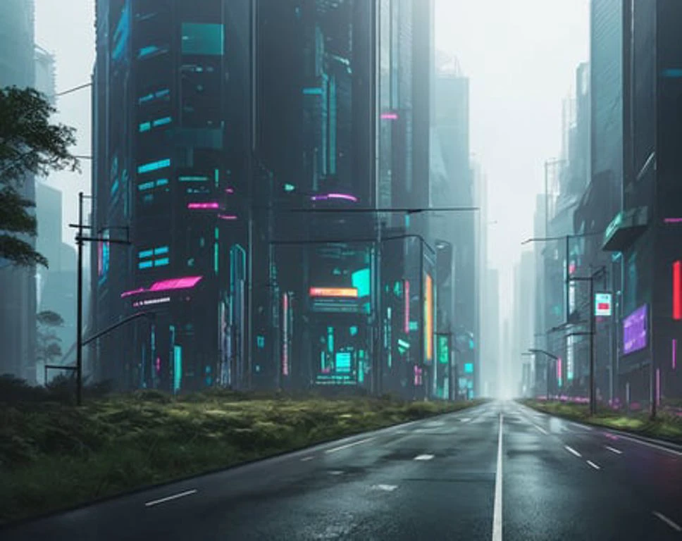 cyberpunk forest road photo, photorealistic,