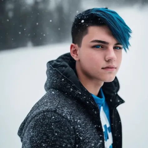 Portrait of teen boy with blue hair and with cute face, North Pole Snow Vibe, perfect composition, hyperrealistic, super detailed, 8k, high quality, trending art, trending on artstation, sharp focus, studio photo, intricate details, highly detailed, by greg rutkowski (lightroom) red:68% blue:41% green:37% filmgrain_minimal, texture:+25%, clarity: +40%, Contrast:+15%, shadows: +11% , sharpen:100%