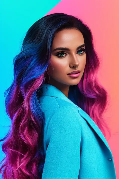 portrait, photoreal, film grain, beautiful woman, blue wavy hair, wearing 80's blazer, detailed, 8k, perfectly shaded, triadic colors,, synthwave background, neon, (lightroom) red:68% blue:41% green:37% filmgrain_minimal, texture:+25%, clarity: +40%, Contrast:+15%, shadows: +11% , sharpen:100%