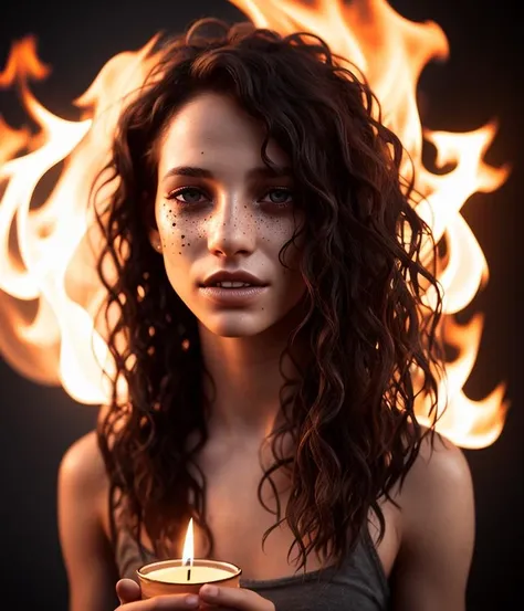 1girl, artist_name, blurry, blurry_background, breathing_fire, brown_eyes, burning, candle, crying, curly_hair, depth_of_field, embers, explosion, fiery_hair, fire, flame, forehead, freckles, lips, long_hair, looking_at_viewer, mole, mole_under_eye, nose, signature, smoke, solo, tears, teeth, wavy_hair, (SEMI-SILHOUETTE light:1.1), (raytracing:1.1), (cryengine:1.1), (skin detail:1.1),(photrealistic:1.1)