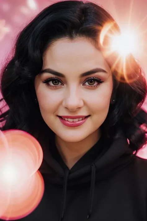 21yo sherilfenn ((Black Theme, Black backdrop:1.4)) (Close-Up Shot, headshot:1.4) (red long curls :1.4)wearing (Black sweatshirt :1.4) 35mm, F/2.8 ((Photo Focus, DOF, Aperture, insanely detailed and intricate, character, hypermaximalist, elegant, ornate, beautiful, exotic, revealing, appealing, attractive, amative, hyper realistic, super detailed, heresy flares)) (smiling at viewer:1.3)(volumetric pink smoke:1.3) (pink lens flare:1.2)(sharpness:1.3)(details:1.3)