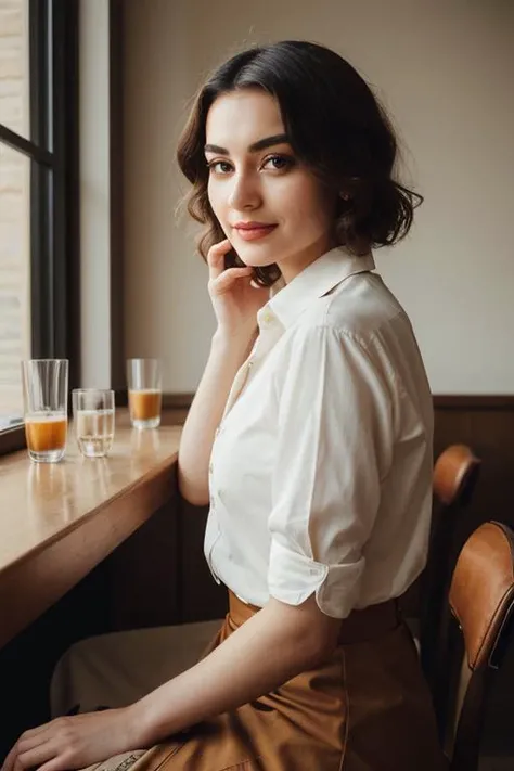 Generate a detailed portrait of a young, beautiful Kurdish woman seated in a cozy cafe, The image should highlight her distinctive Kurdic features, with a focus on her captivating eyes and natural beauty, The cafe's ambiance should exude warmth, with soft lighting and subtle, inviting decor, creating a tranquil backdrop that enhances the woman's charm, RAW photo, hard shadows, cleavage, (high detailed skin:1.2), 8k UHD, DSLR, soft lighting, high quality, film grain, Fujifilm XT3,, RAW candid cinema, 16mm, color graded portra 400 film, remarkable color, ultra-realistic, textured skin, remarkably detailed pupils, realistic dull skin noise, visible skin detail, skin fuzz, dry skin, shot with a cinematic camera, naked boobs, boobs, naked breast, skirt, collared shirt, midriff, unbuttoned, open clothes, open shirt, nipples, bangs, feminine expressions, urban area, city background, Kurdish, short hair, wavy bob hair, (((wavy bob hair))), unbuttoned, <lora:MassiveBreastsV3:1>, cleavage, breasts, <lora:add_detail:0.5>, (point-of-view:1.5) Generate an image that transports us to the enchanting world of the interwar period in Paris, where a young and elegant teacher savors a quiet moment at a charming Parisian cafe. The teacher herself embodies the grace and sophistication of the era. She possesses a timeless beauty and slender figure that complements her chic and vintage attire, perfectly in sync with the ambiance of the modern period. Her hair, a rich chestnut hue, is elegantly styled in loose waves that frame her face. Her eyes, a captivating shade of deep hazel, reflect both the allure of Paris and a sense of curiosity. Long, dark eyelashes emphasize her eyes, and she wears subtle brown eyeshadow that adds to her sophistication. Her facial features are delicately proportioned, featuring a petite nose and high cheekbones that evoke the elegance of the interwar era. Her lips, with a natural rosy tint, form a warm and inviting smile that exudes charm and grace. The teacher's attire is a testament to the fashion of the time, tailored, knee-length dress cinched at the waist and flared at the skirt. Classic pumps and a vintage leather handbag complete her ensemble. As she sits at the Parisian cafe, she enjoys a cup of coffee, her delicate fingers wrapped around the warm porcelain cup. The cafe exudes an authentic modern atmosphere, with wrought-iron tables and chairs, checkered tablecloths, and the soft hum of conversation in the background. The image is bathed in the soft, romantic light of a Parisian afternoon, casting a warm and nostalgic glow over the scene. It captures a fleeting moment in time, where the flight attendant relishes the magic of Paris during the interwar period, embodying the spirit of elegance and exploration. This revised prompt focuses on the teacher's experience at a Parisian cafe, maintaining the modern atmosphere. ((unbuttoned shirt)), sherilfenn