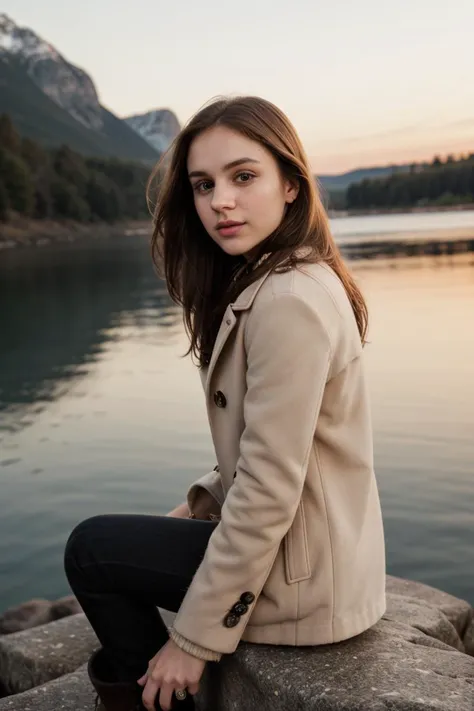 Professional digital photo, tv_Andromeda_MXAI, (((Ultra-HD-details, Ultra-HD-detailed, Ultra-HD-realistic))), , , sad expression, wearing a winter coat, wearing winter pants, wearing winter boots, sitting on a rock by a frozen mountain lake, midnight, moonlight, shot from the side,, 8k resolution, highres, high detail, sharp focus, detailed skin, 8k uhd, bokeh, analog photography