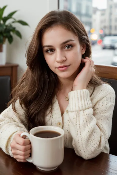 Professional digital photo,  tv_Andromeda_MXAI, (((Ultra-HD-details, Ultra-HD-detailed, Ultra-HD-realistic))), ,  , wearing a cozy knitted sweater, sitting in a café, holding a steaming mug with both hands, happy expression,, 8k resolution, highres, high detail, sharp focus, detailed skin,  8k uhd, bokeh, analog photography