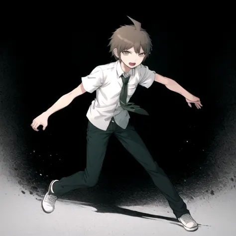 danganronpaHajimeHinata, (solo:1.3), 1boy, anime style, looking at viewer, full body, (defensive:1.3), short hair, open mouth, bangs, simple background, brown hair, shirt, brown eyes, white shirt, short sleeves, male focus, necktie, teeth, collared shirt, hand up, upper teeth only, spiked hair, black background, pocket, breast pocket, green necktie <lora:danganronpaHajimeHinata:0.7>