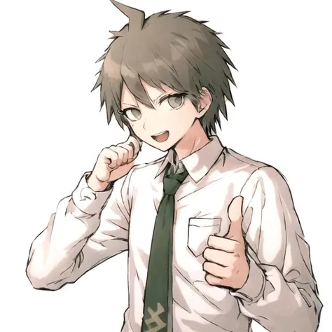 (danganronpaHajimeHinata), 1boy, masterpiece, high quality, detailed face, highly detailed, 20 years old, upper body, thumbs up, looking to the side, short hair, simple background, white background, brown hair, shirt, cowboy shot, hand up <lora:danganronpaHajimeHinata:0.8>