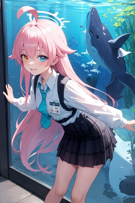 <lora:hoshino1:0.8> hoshinodef, long hair, aquarium, reflection, fish, whale, storefront, light smile, glowing, leaning forward, from above, masterpiece, best quality, highres, <lora:GoodHands-vanilla:1> nice hands, perfect hands