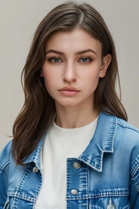 1girl, solo, portrait, face, symmetrical_angle, looking_at_viewer, denim_jacket, simple_white_background, female focus, photorealistic, soft colors, masterpiece, high quality, (high detailed skin:1.1)
<lora:katelyn_nacon_lora_v02:1> kat99