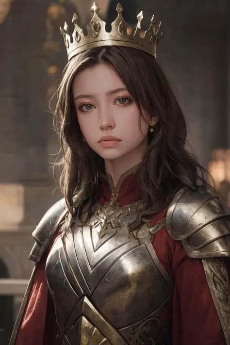 Highest quality Fantasy worldview Light chestnut long hair 22 year old beauty HCup boobs Big droopy eyes Deep blue eyes Great style whole body Standing posture Wearing red armor Castle Audience Room Aesthetic body A kind face