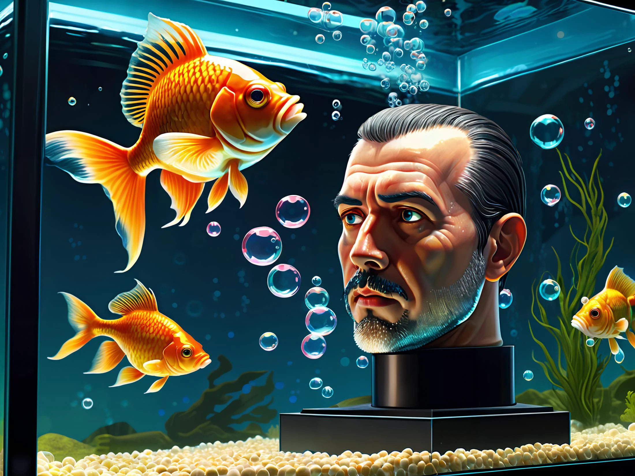 pulp novel illustration (disembodied head), 1 man, disembodied head in square fully decorated fishtank, goldfishes, bubbles, masterpiece, 8k, high detail, dramatic lighting <lora:xlDadapt_disembodied_v_rank8:2>